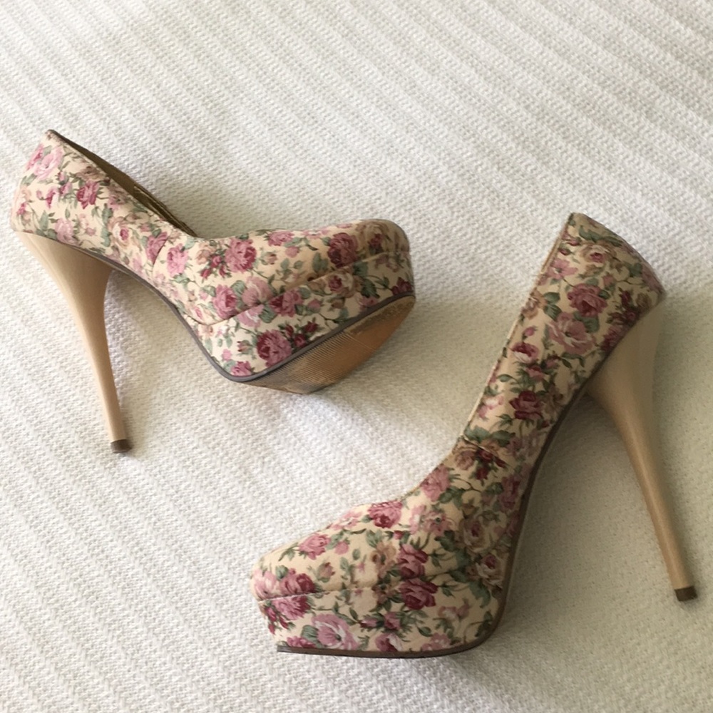 Blush floral print stillettos, wedding heels